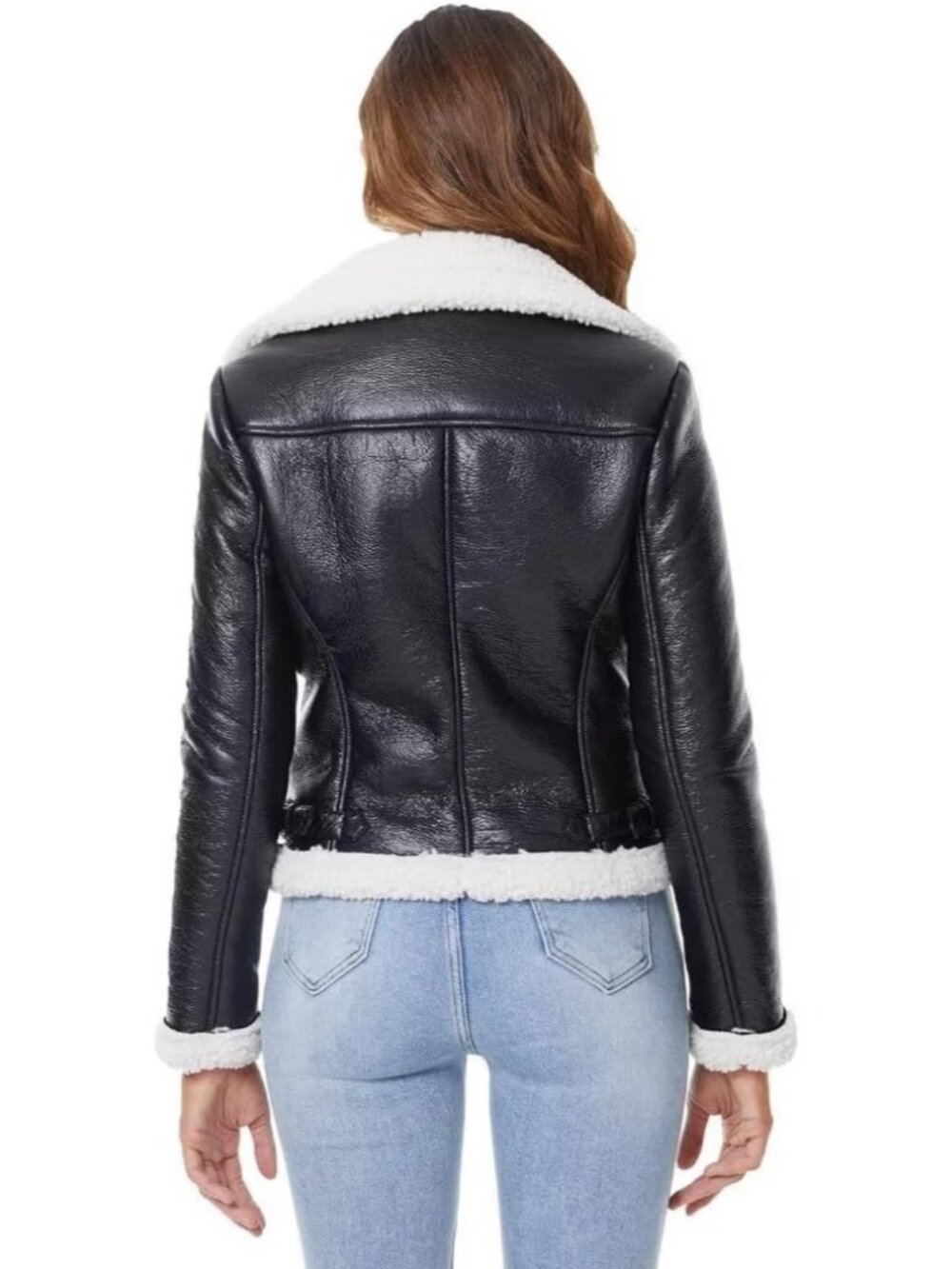 Women's Black Polyurethane Faux Shearing Moto Thick Lined Winter Leather Jacket - Picture 4 of 4